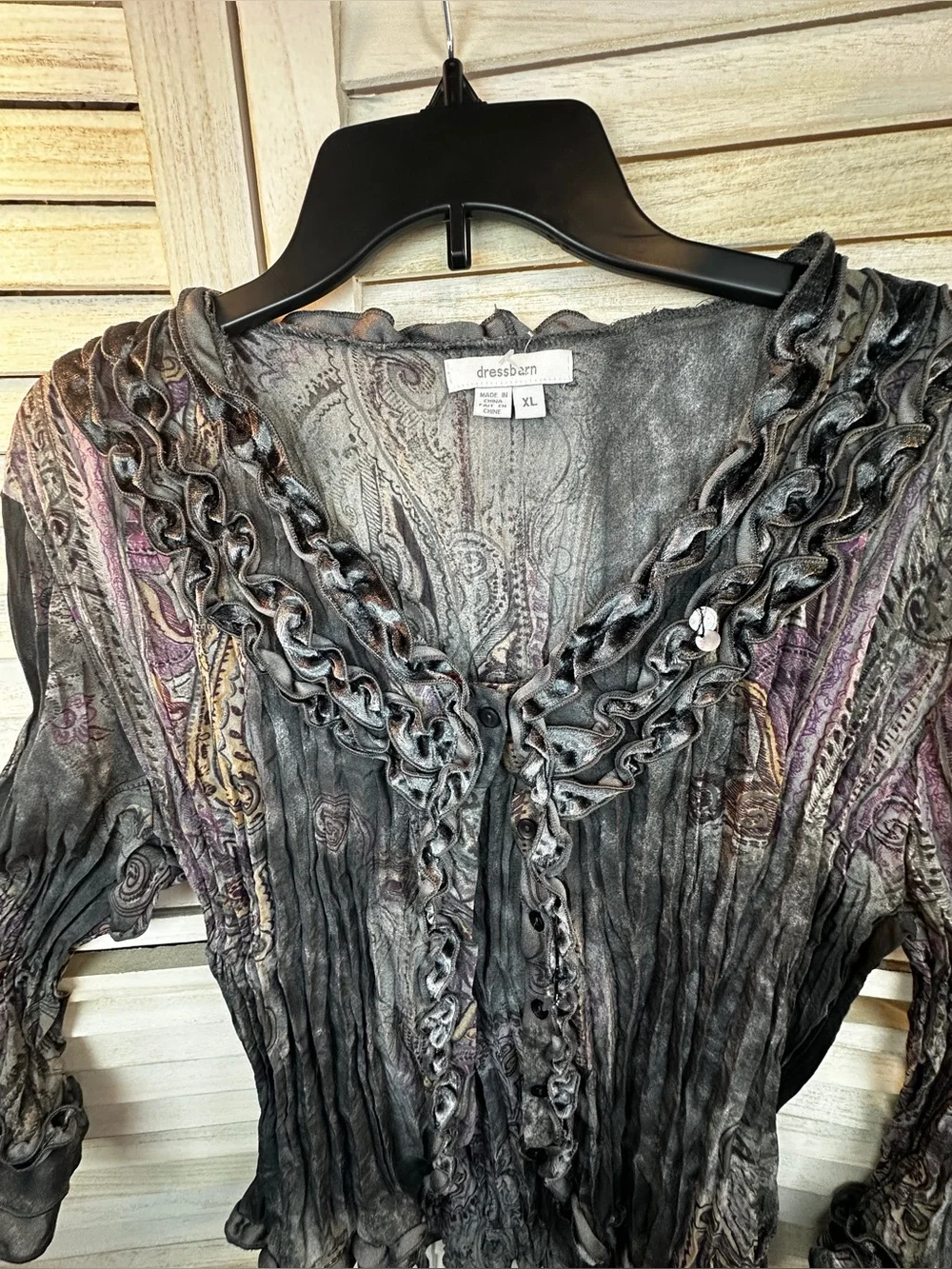 Vintage  Crinkle Ruffled Sheer Gray & Purple Paisley Long Bell sleeve top XL Y2K - Picture 4 of 12